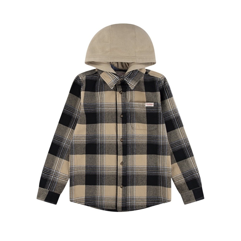 Levi Strauss Signature Flannel Boys 8 Hooded Plaid Tan Black EUC